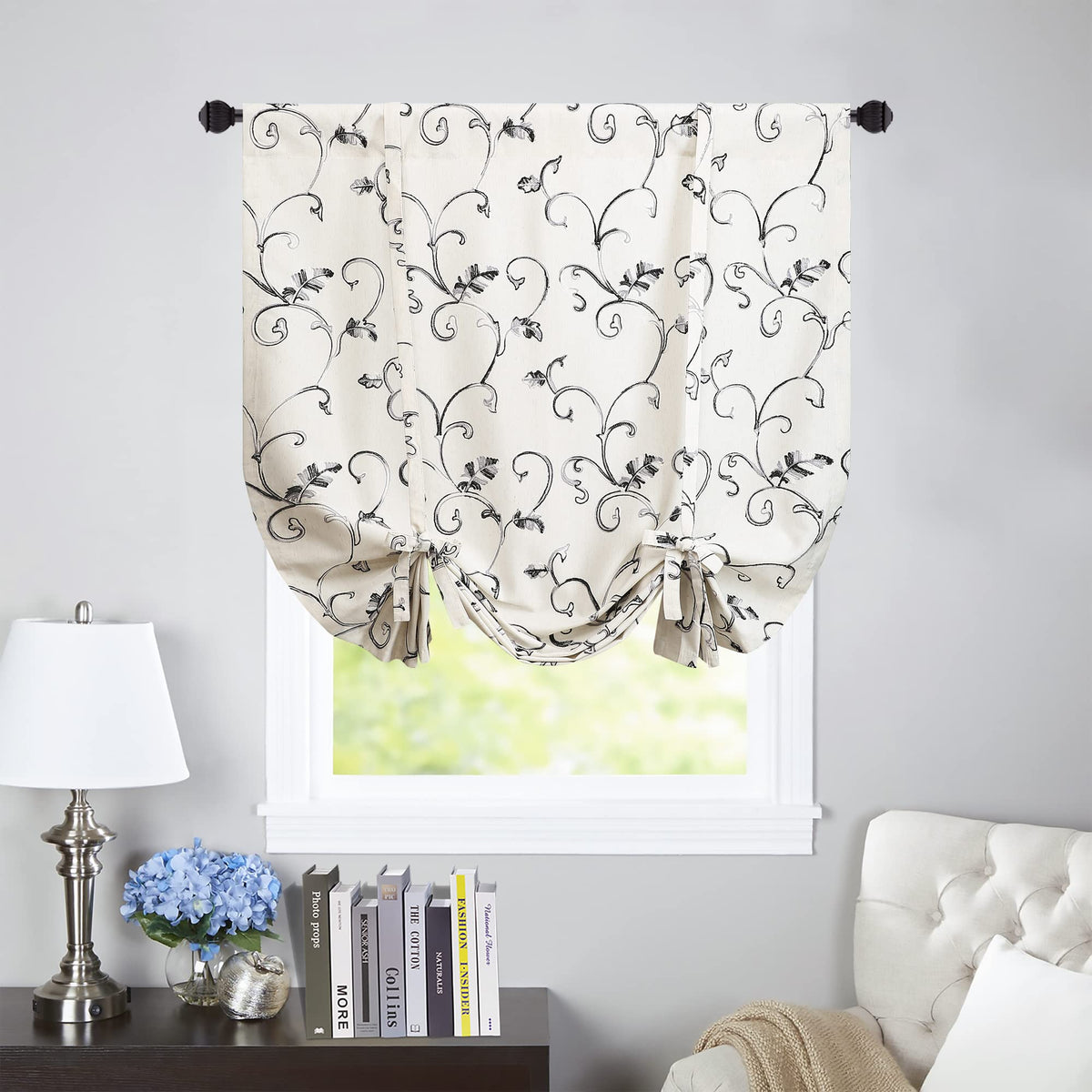 VOGOL Gray Vine Embroidered Curtain Tie-Up Balloon Shade, 42 x 63