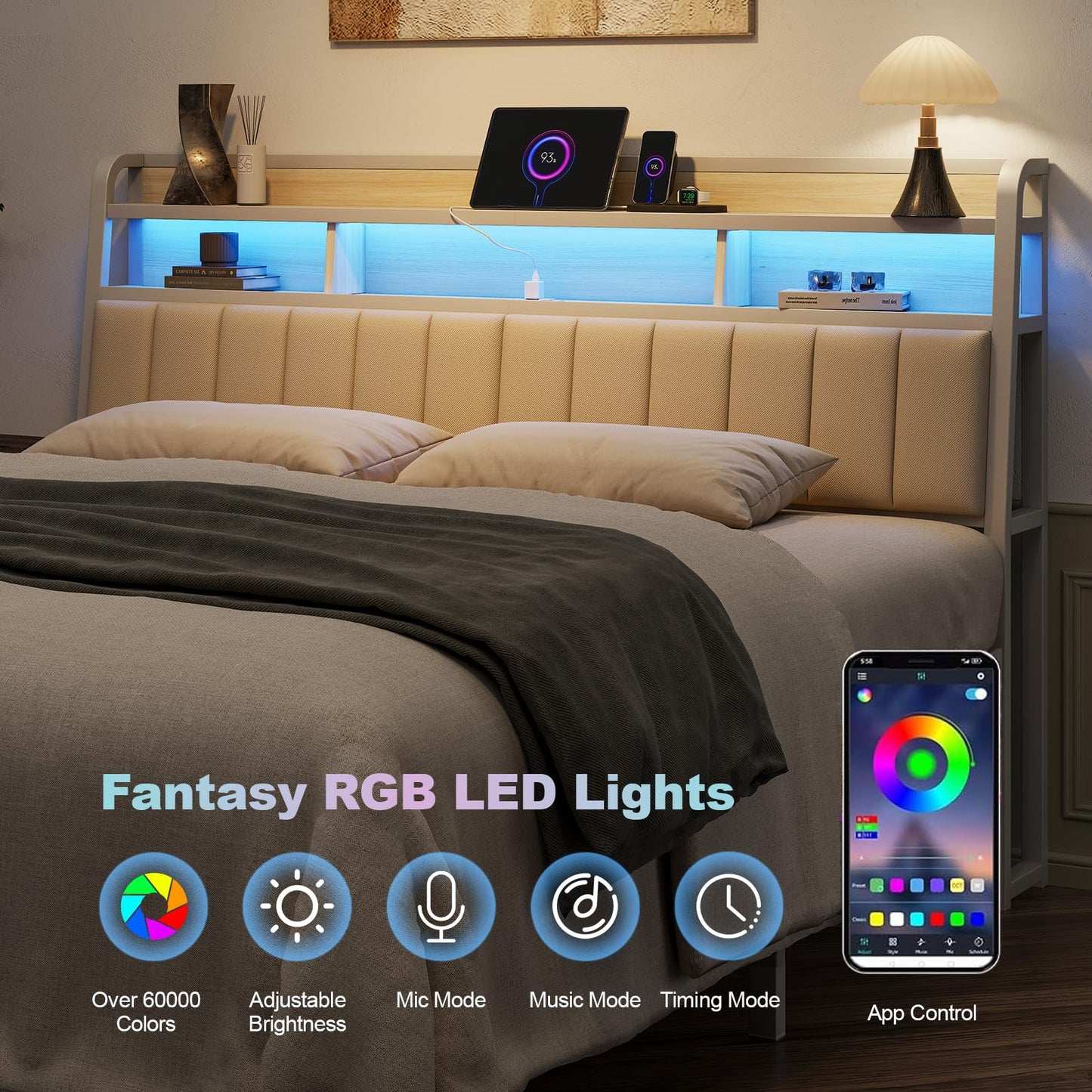 Lefurture King Headboard Only with Storage, Upholstered Headboards for King Size Bed with LED Light, Charging Station, Height Adjustable, Sturdy and Stable Headboard, Off White