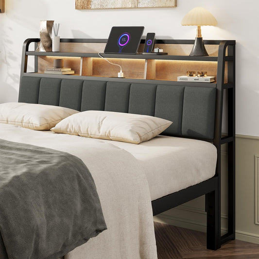 Lefurture Queen Headboard Only with Storage, Upholstered Headboards for Queen Size Bed with LED Light, Charging Station, Height Adjustable, Sturdy and Stable Headboard, Black & Brown