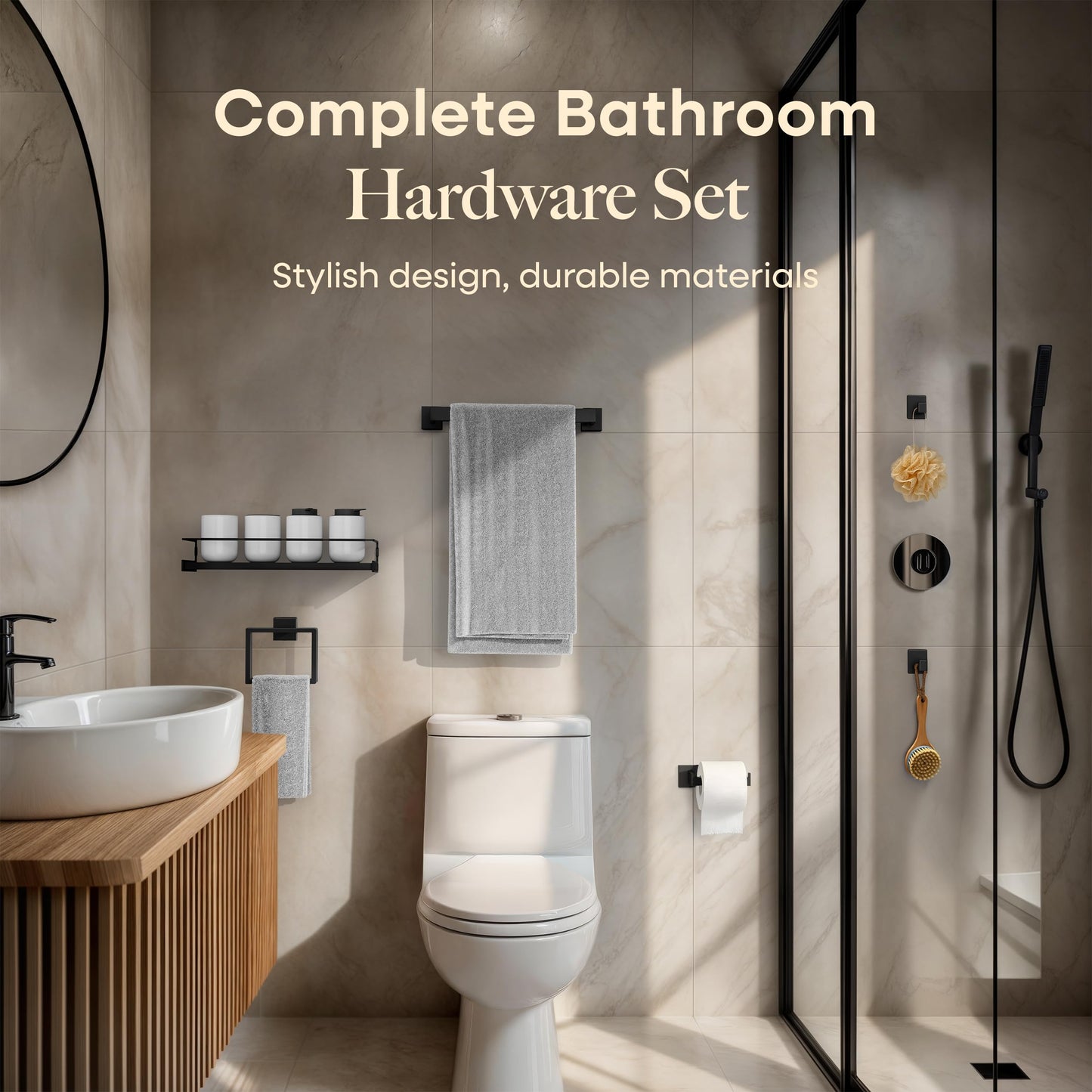 Black Bathroom Hardware Set, 5-Piece + 15.7" Shelf & 2 Adhesive Robe Hooks