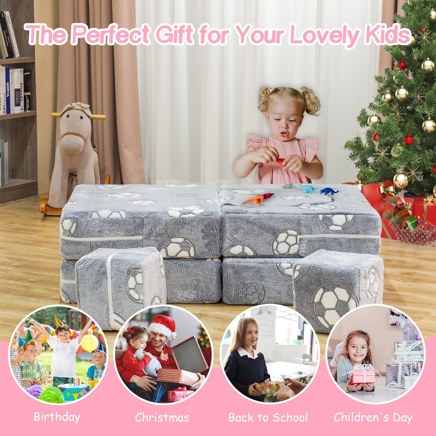 furlinkhm Modular Kids Play Couch, Kids Couch for Playroom Bedroom, Glow in The Dark, 5 Seconds Instant Expansion, Glowing Football, Grey
