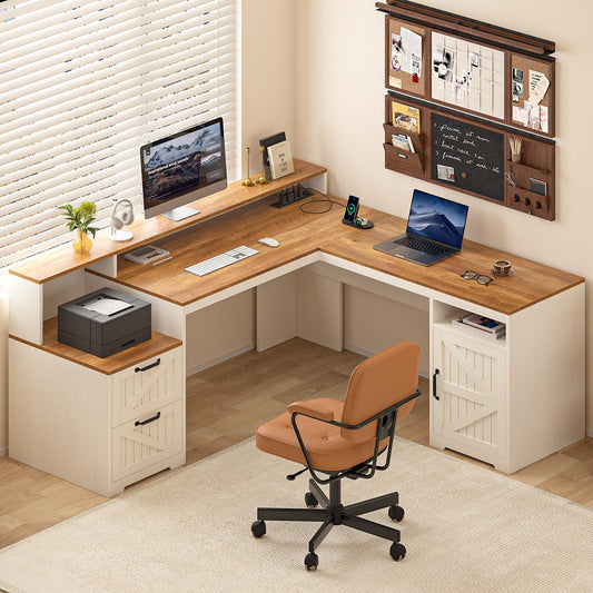 YOMILUVE 63" Farmhouse L Shaped Executive Desk with Drawers & Storage Shelf, Corner Computer Desk with Power Outlets, L Shaped Office Desk with Monitor Stand, Printer Shelf, Antique White