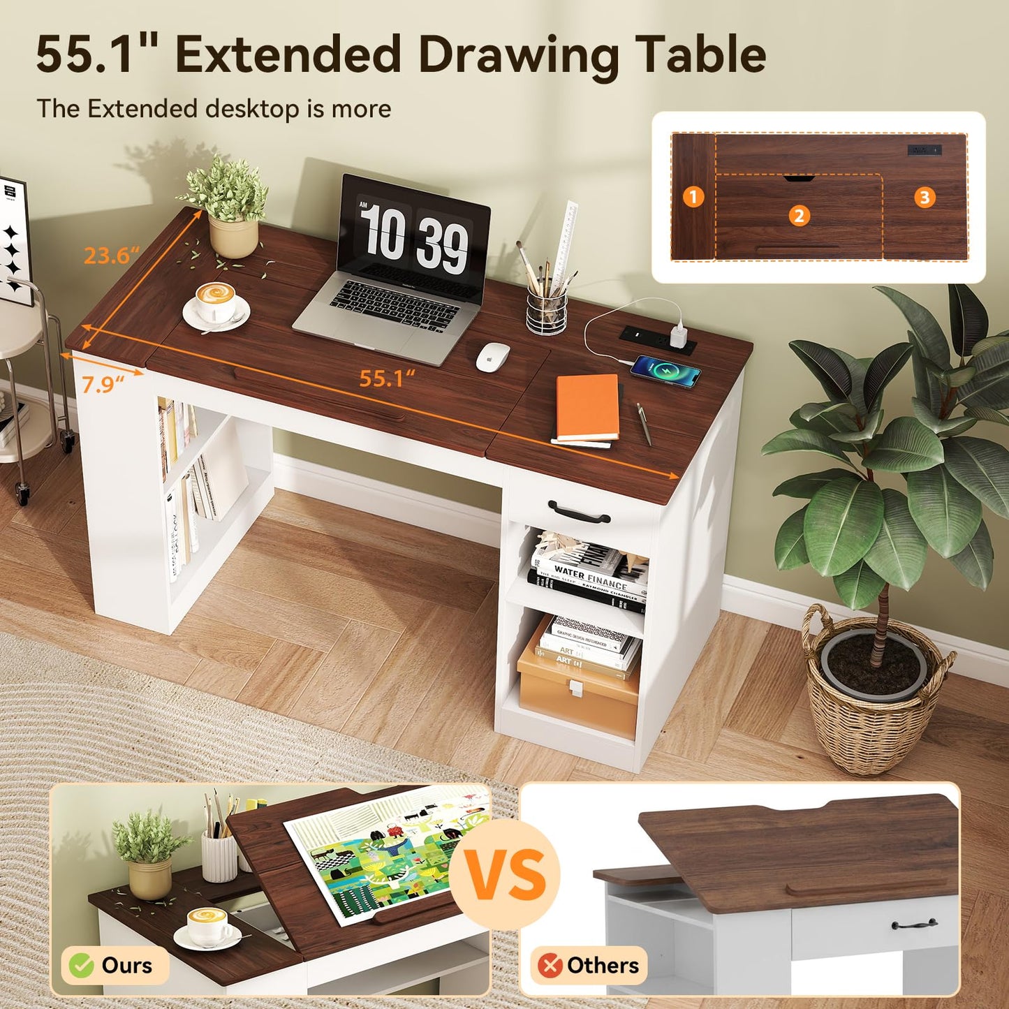 Verano Garden 55.1" Drafting Table, Craft Art Table, Computer Desk, White
