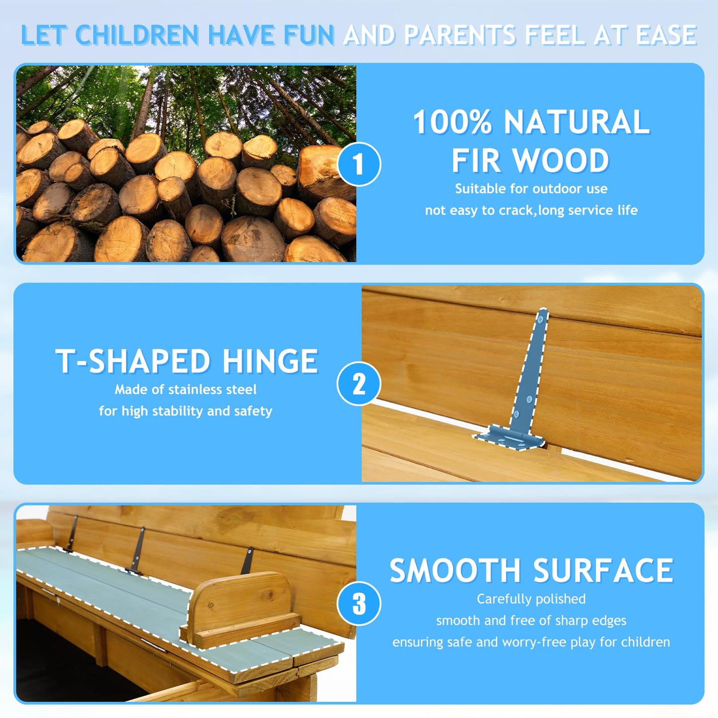 Kids Sandbox with Lid, Wooden Sand Box with Cover Outdoor, UV-Protection & Natural Wood, Foldable Bench Seat, Adjustable Canopy, Sand Box for Kids Ages 2-8（47x47in）