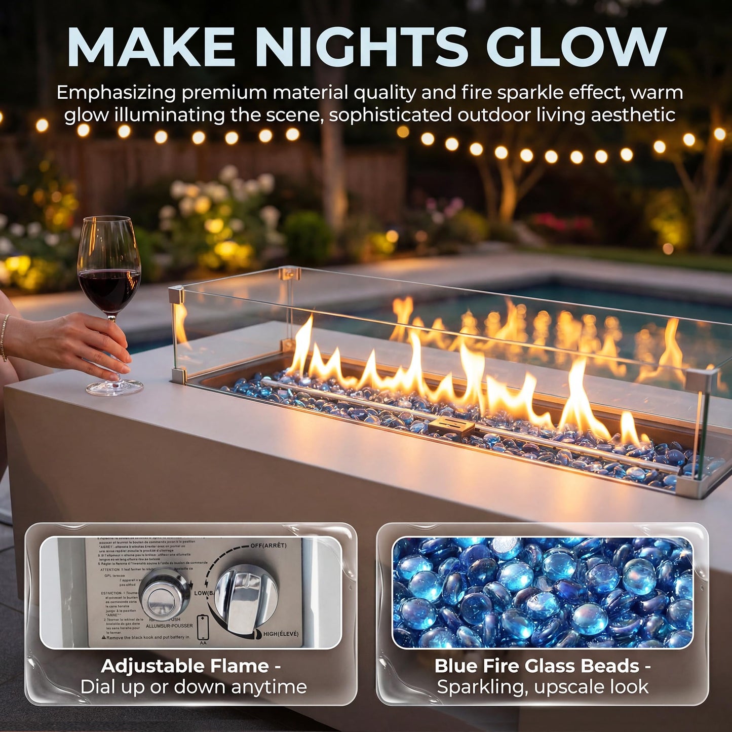 NICESOUL 42" Outdoor Propane Fire Pit Table, 50,000 BTU Rectangle Natural Gas Firepit with Tank Table, No Assembly Low Profile Fire Table for Outside Patio & Backyard, CSA Certified, Grayish White