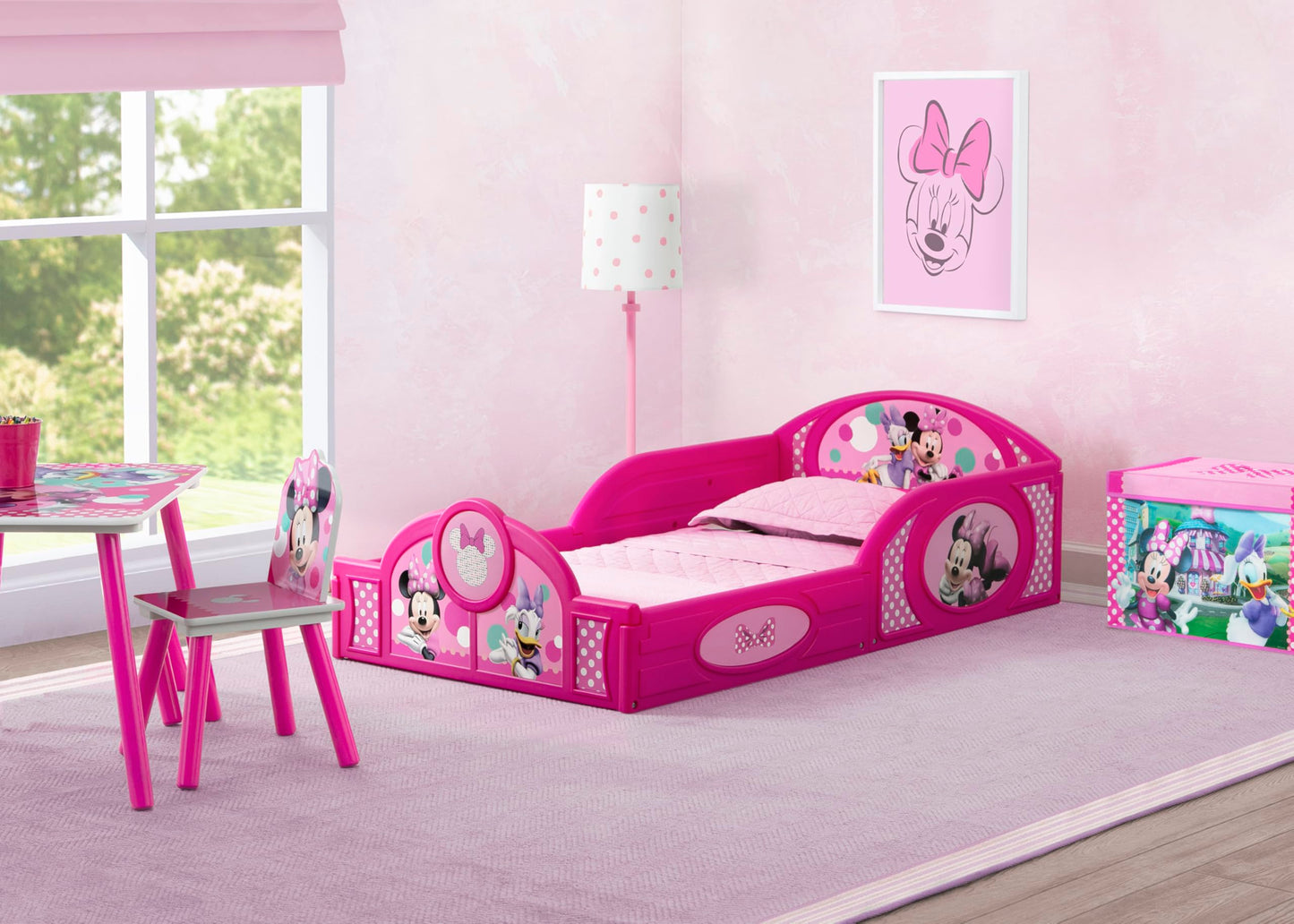 Delta Children Disney Minnie Mouse 4-Piece Toddler Room-in-a-Box Set – Includes Sleep and Play Toddler Bed, Table, 1 Chair and Toy Box, Pink
