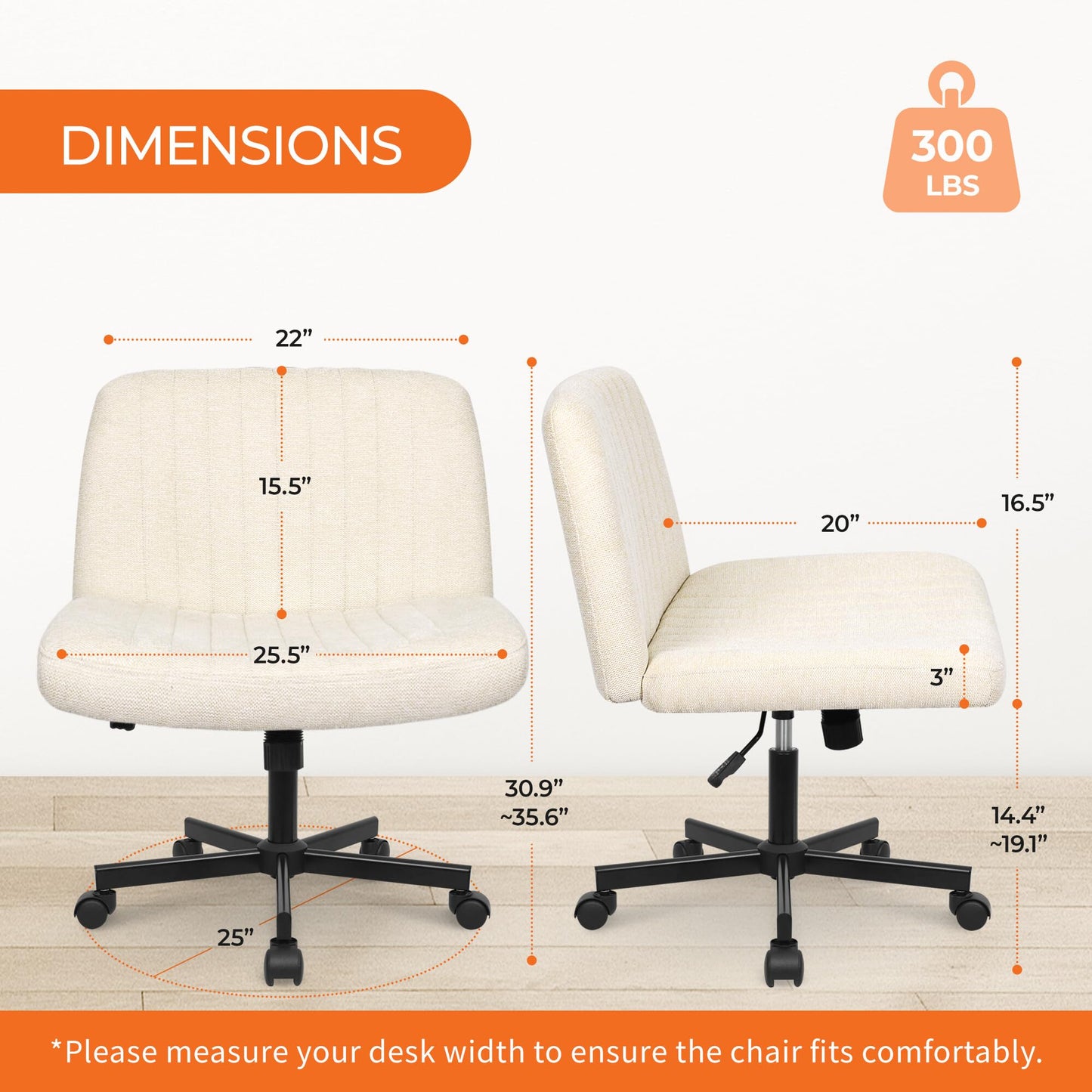 Orange Factory Criss Cross Chair, Wide Fabric Vanity Desk Seat, Beige Wheel