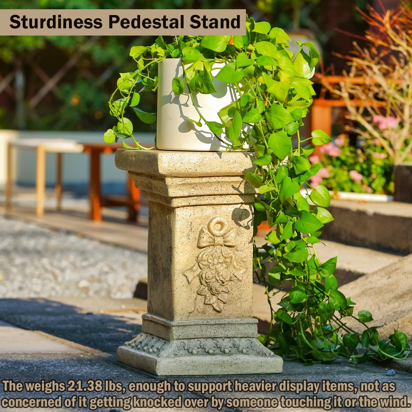 MOCOME 19" Tall Garden Pedestal Stand with Bow Design, Heavy Duty Magnesium Oxide Plinth, Weatherproof Outdoor Pedestal for Sculptures, Flower Pots, Decor – Sturdiness Plinth Base Statue Riser