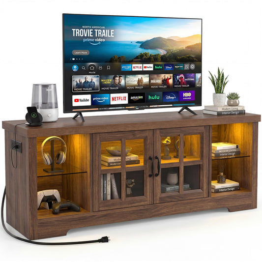 Foxemart LED TV Stands, 55 Inch Farmhouse Television Stand with Charging Station & Adjustable Shelf, Wood Entertainment Center for 60 Inch TV, Display TV Console Table for Living Room/Bedroom
