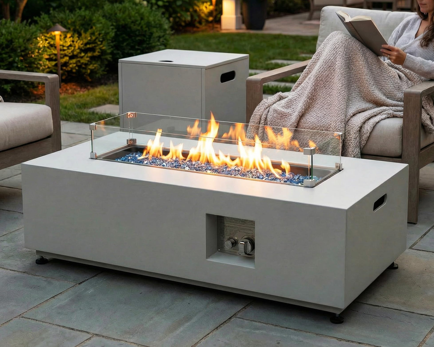 NICESOUL 42" Outdoor Propane Fire Pit Table, 50,000 BTU Rectangle Natural Gas Firepit with Tank Table, No Assembly Low Profile Fire Table for Outside Patio & Backyard, CSA Certified, Grayish White