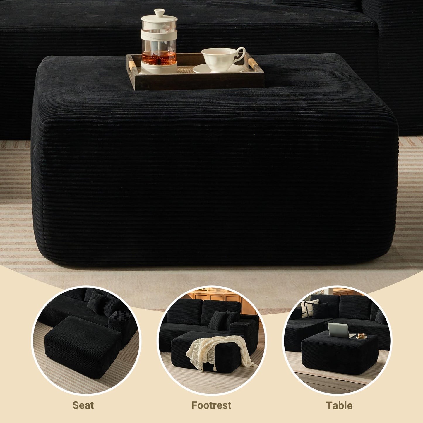 37" Square Cloud Couch Ottoman Footstool, Upholstered Foam Filling Footrest Ottomans for Couch,Large Seat,Soft Fluffy Foot Stool for Living Room Bedroom, No Assembly Required,Black,Corduroy