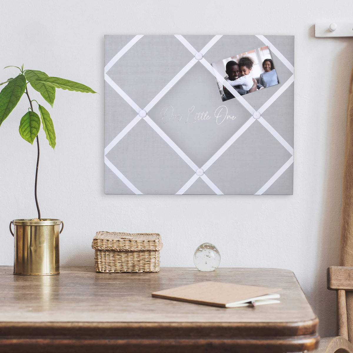 New View Gifts Little One 19' X 16' French Memo & Photo Board, Wall Photo Bulletin Board, White Linen Fabric
