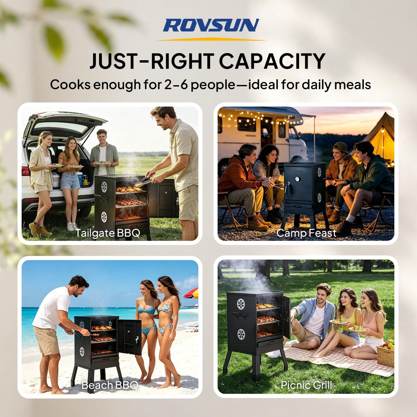 ROVSUN 2-in-1 Outdoor Smoker, Vertical Portable Charcoal Grill Smoker with Two Detachable Grill Smoking Racks and Charcoal Pan, Perfect for Camping Barbecue, Small Families, Black