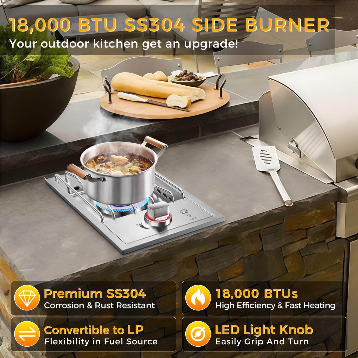 Huishenplus Grilling Side Burners for Outdoor Kitchen,18,000BTU Nature Gas Side Burner Convertible to Liquid Propane, Duty Heavy 304 Stainless Steel, Single Burner for BBQ Island Grill, Gold