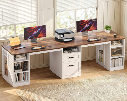 OffiGo Farmhouse 95.3 Inch Two Person Computer Desk, Walnut+ White