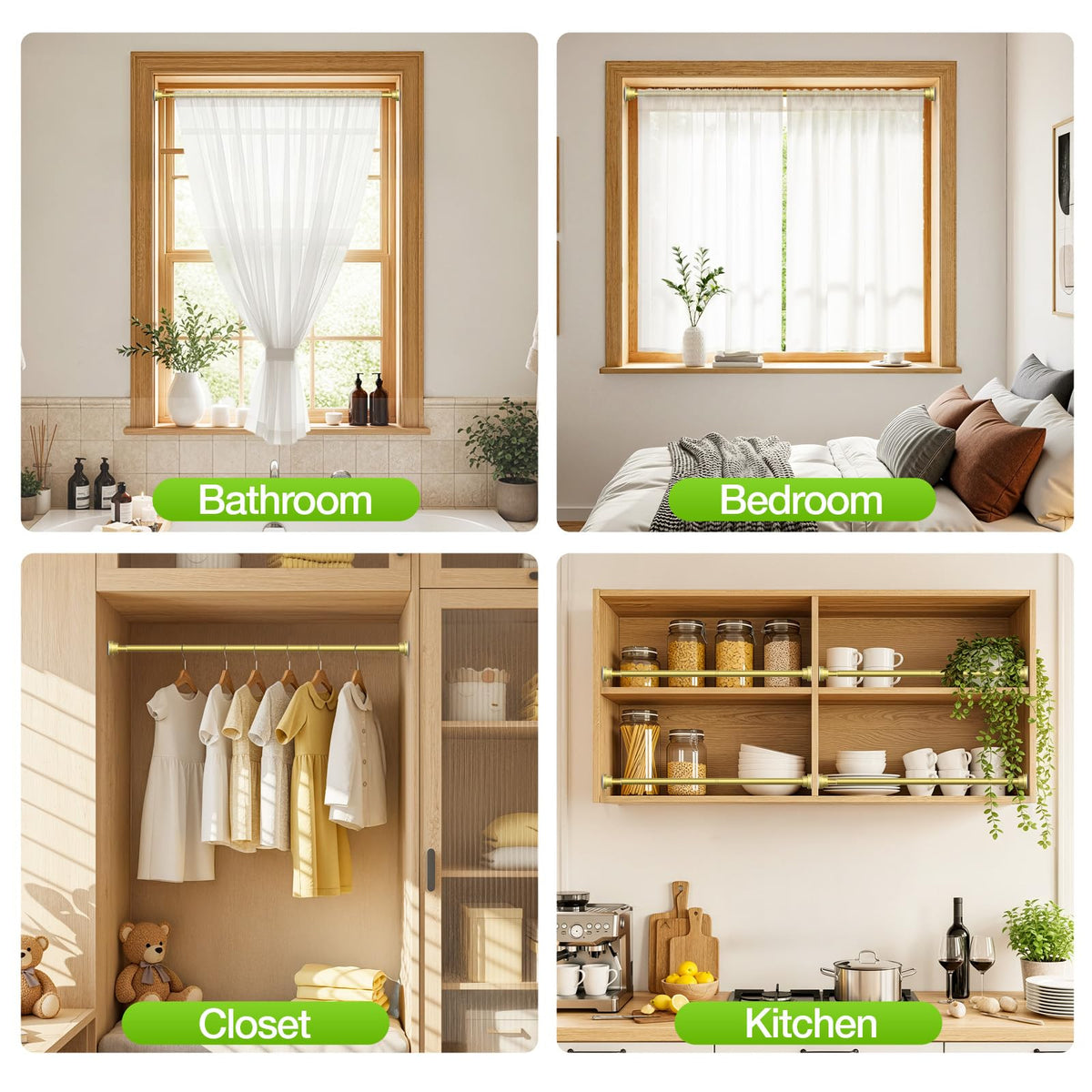 2 Pack Tension Curtain Rod 28-48Inch Curtain Rods for Windows Gold Spring Curtain Rod no Drilling Adjustable Expandable Tension Rods for Windows,Doorway,Closet,Bedroom
