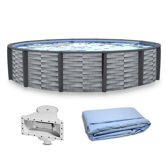 Blue Wave Affinity 15-ft Round 52-in Deep Hard Sided Above Ground Pool with Resin Verticals & Top Seats, Vinyl Liner & Skimmer – Steel Wall Construction with 5,130 Gallon Cap for Family Recreation