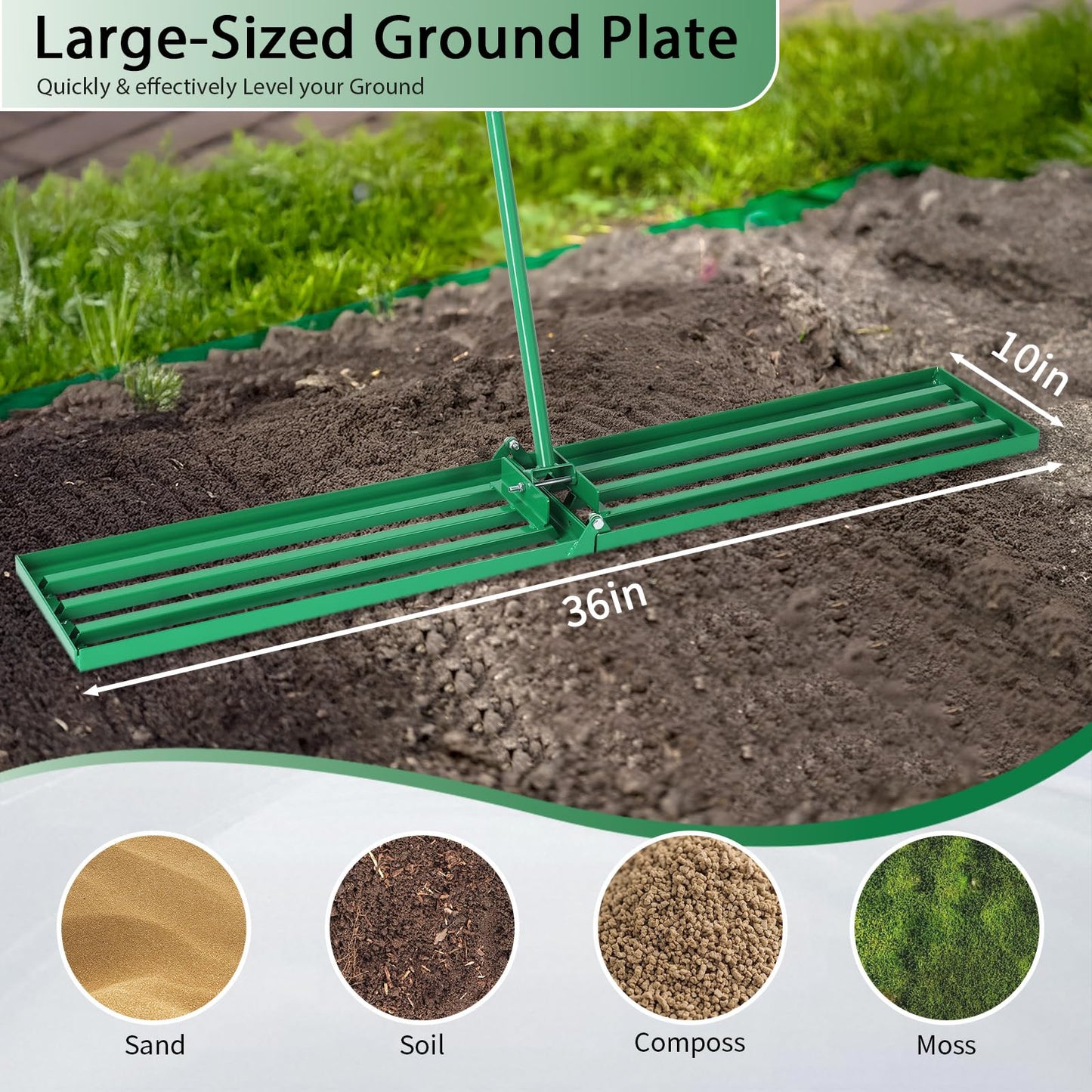 VINGLI Iron Lawn Leveling Rake 36in for Soil Sand Composs, Extended Handle, 180°Rotation Head, with All Handwares, for Yard Garden Golf Field, Green (36in)