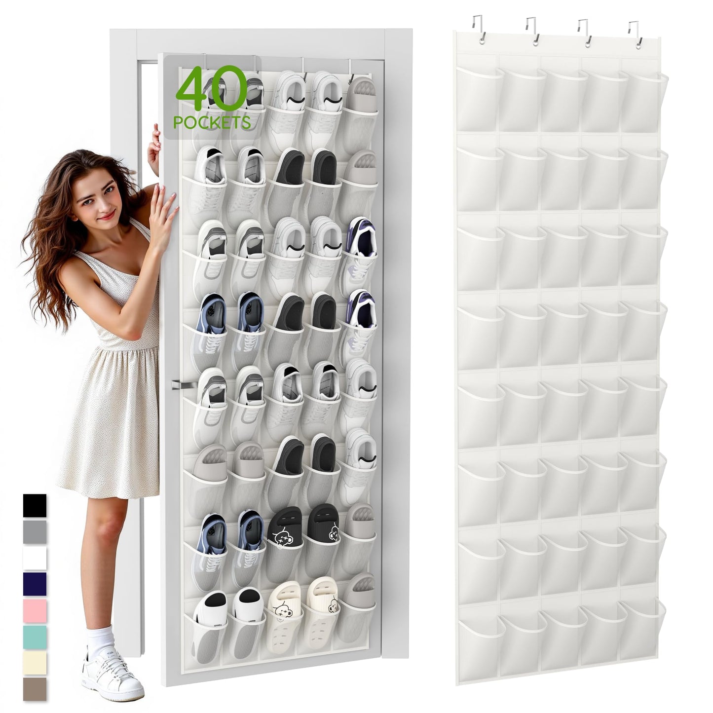 Unjumbly Over the Door Shoe Organizer with 40 Large Breathable Mesh Pockets, Space Saving Shoe Holder, Hanging Shoe Rack for Entryway Bedroom Closet Storage (White, 40 Pockets)