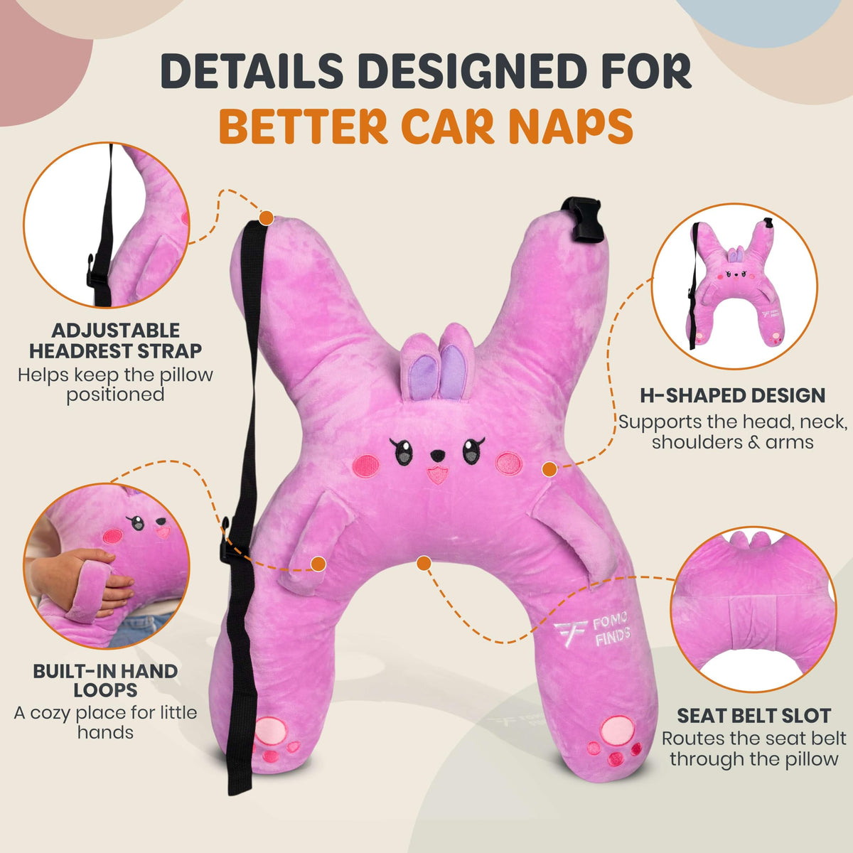 FOMO Finds Kids Car Sleeping Pillow, Neck & Back Support, Purple Rabbit