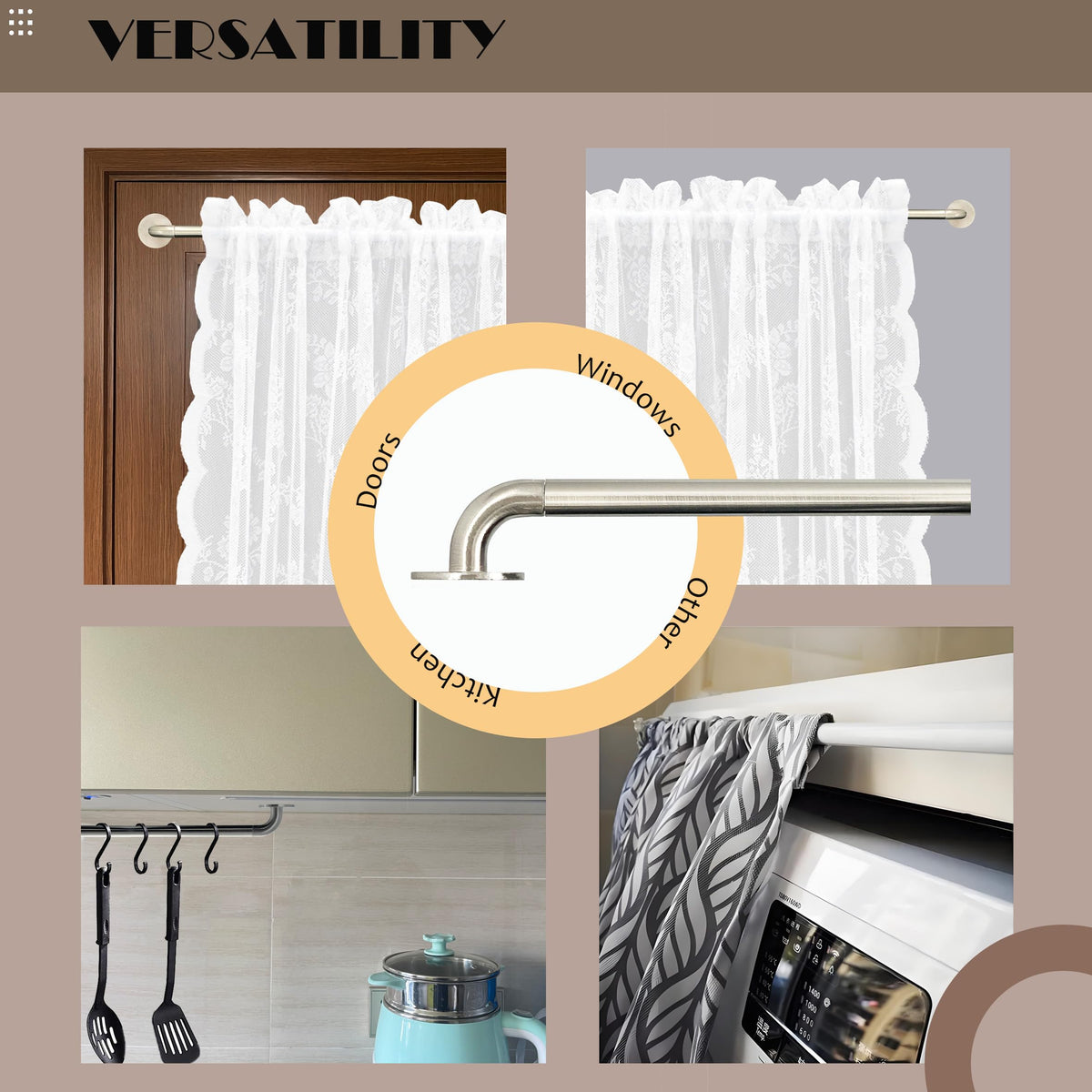 Cafe Curtain Rods - 2 Pack, Adjustable 16-48 Inch, No Drill Adhesive or Screw Mount, Nickel Brushed, 3/8" Diameter for French Door Curtains