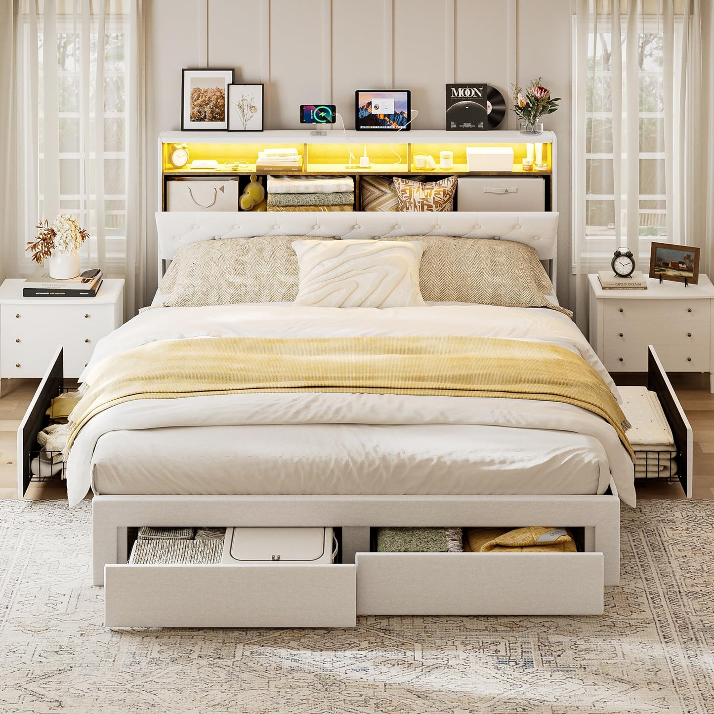 AOVSA California King Bed Frames with 4 Drawers, Hidden Storage Headboard with LED Lights and Charging Station, Upholstered Cal King Platform Bed, Noise Free, No Box Spring Needed, White