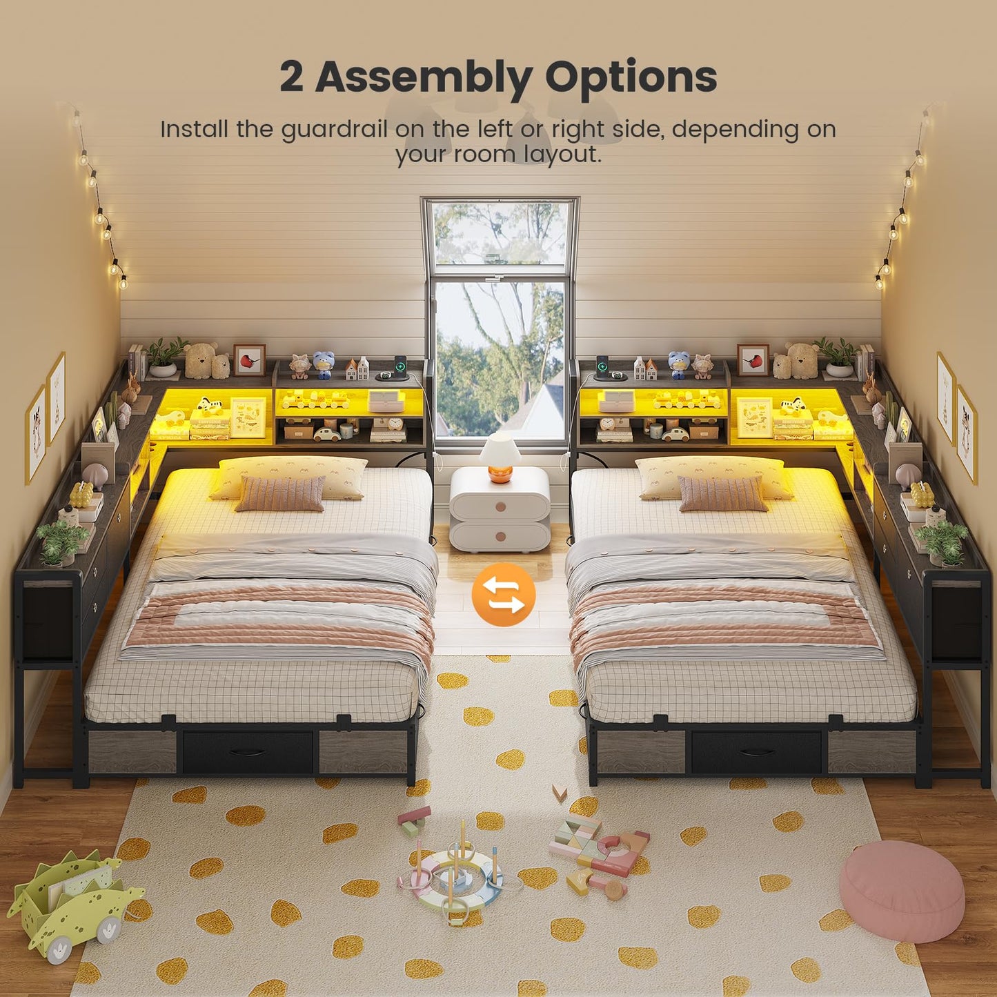 BTHFST Corner Bed Frame with Charging Station & Led Lights, Twin Bed Frame with 8 Storage Drawers & Bookcase, Twin Daybed with Storage Headboard for Kids Guests, Black & Gray