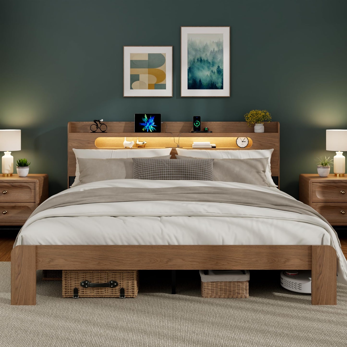 King Size Wood Bed Frame with Storage Headboard, Charging Station & RGB LED Lights, Platform Bed Frame with 2-Tier Shelf, Heavy Duty Wooden Slats Support, No Box Spring Needed, Easy Assembly, Walnut