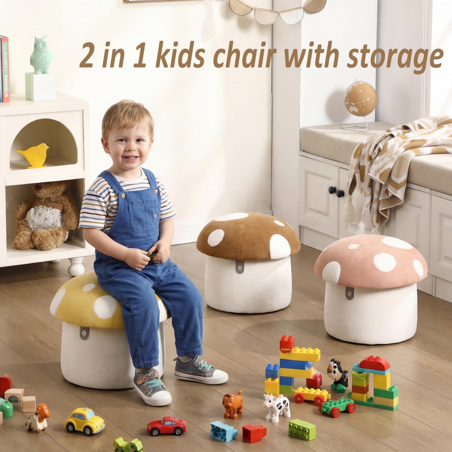 DAYAOUTDOOR Kids Mushroom Storage Ottoman, Cute Kids Desk Chairs, Mushroom Armchair, Children Round Storage Ottomans, Small Multi-Purpose Footstool for Playroom & Bedroom, Yellow Mushroom