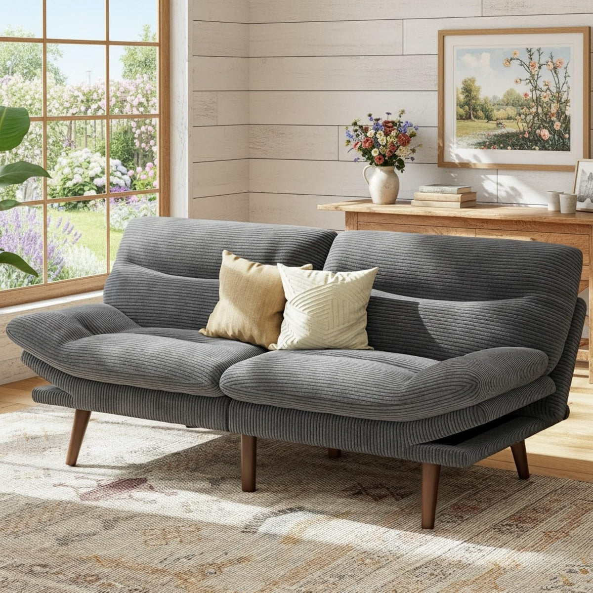 Marsail 66.1" Futon Sofa Bed, Corduroy Convertible Futon Couch with Adjustable Backrest & Armrests, Small Sleeper Sofa Loveseat for Small Apartments, Study Room, Office, Grey