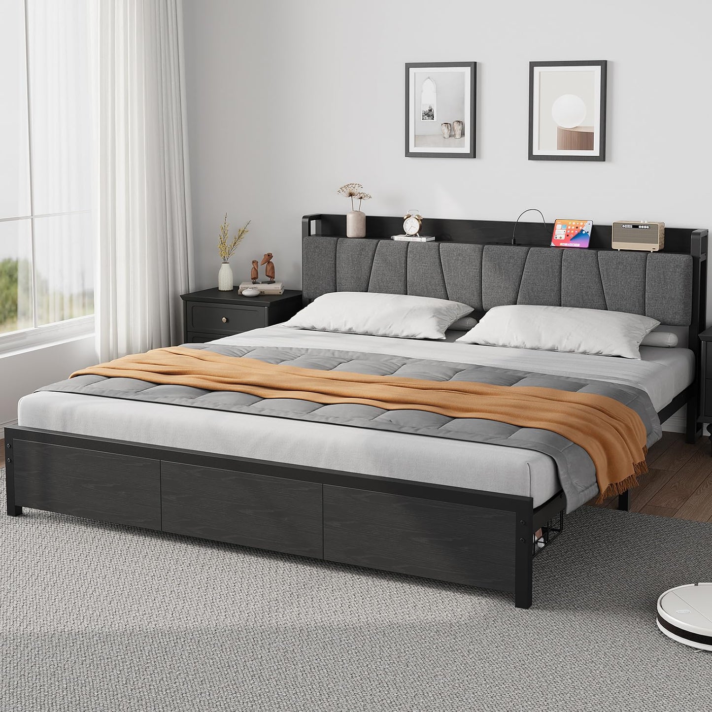 GarveeHome King Size Bed Frame with Storage Headboard, Black King Platform Bed with 2 Large Drawers and Charging Station, Industrial No Box Spring Needed Bedframe