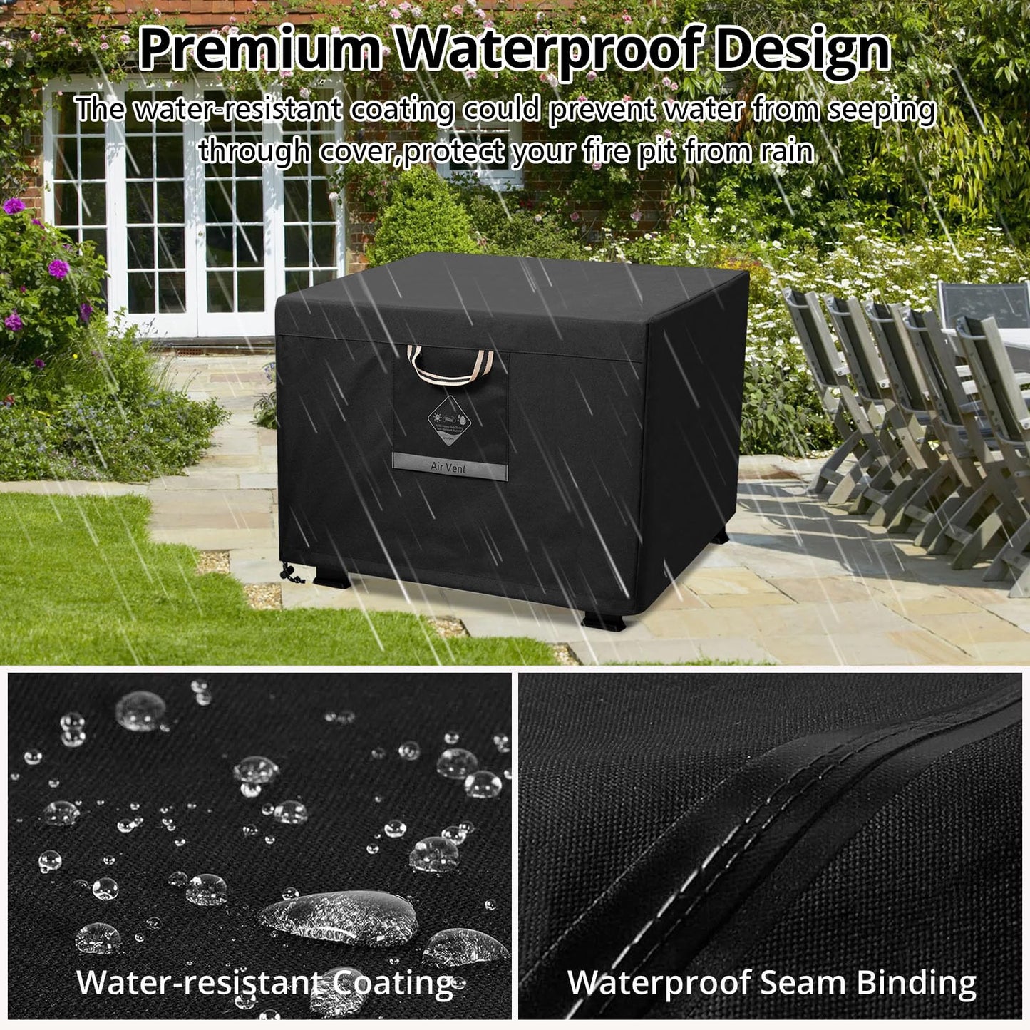 QH.HOME Fire Pit Cover Square Heavy Duty Fabric 100% Waterproof, Fits Outdoor for 29”,30 inch,31 inch,32 inch Fire Pit/Table Cover,Gas Fire Pit Cover (32”L x 32”W x 24”H,Black)