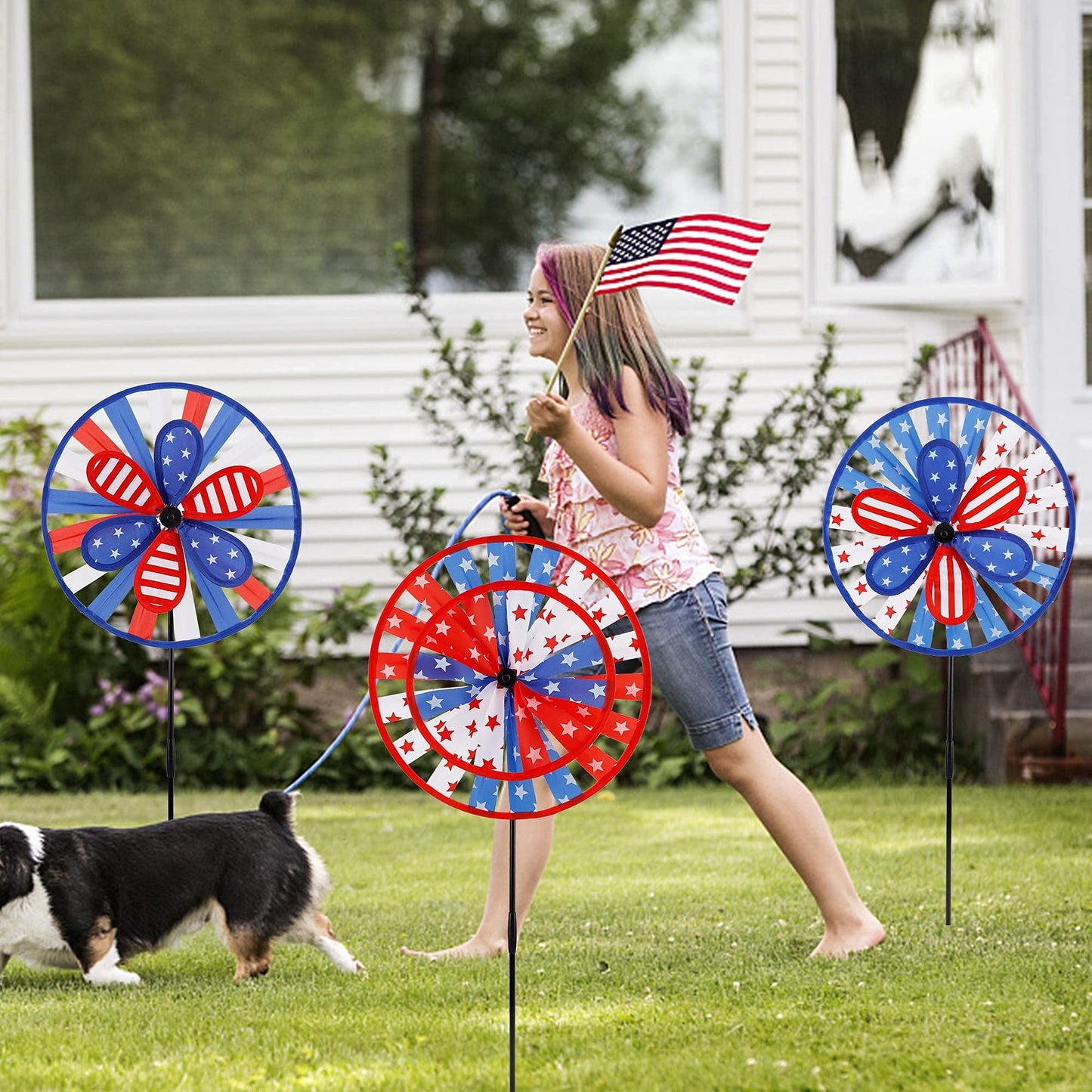 winemana 3 Pack Patriotic Pinwheel for Independence Day, 4th of July Decor Double Spinner Wheel, American Flag Red White Blue Star Décor Outdoor Yard Patio Garden Lawn (12" x 29")