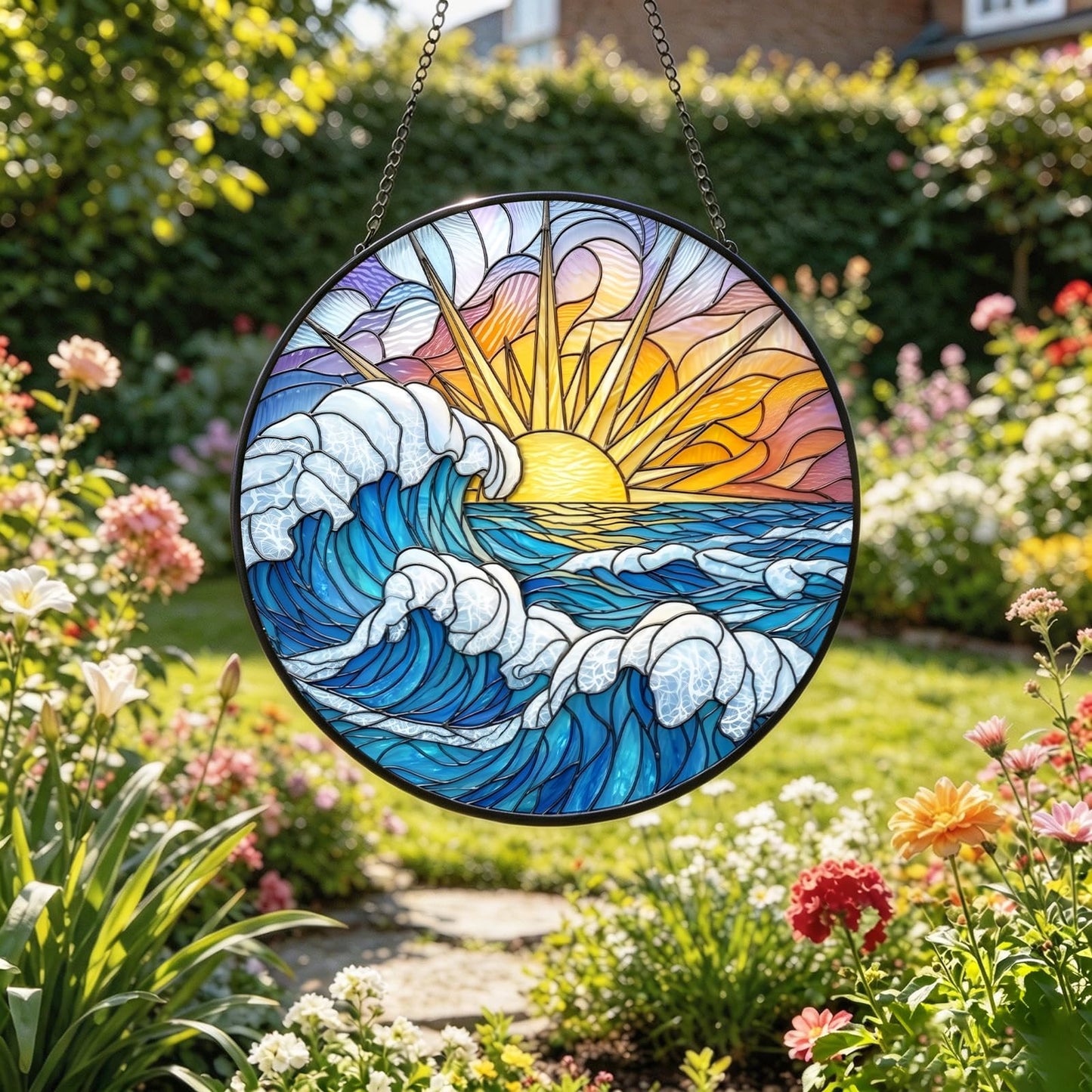 Suncatcher for Window | 3D Embossed Stained Glass Ocean Sunrise Beach Design | Diamond Glass Rainbow Maker with Crystal Chime Gift Box Set | Coastal Decor Gift