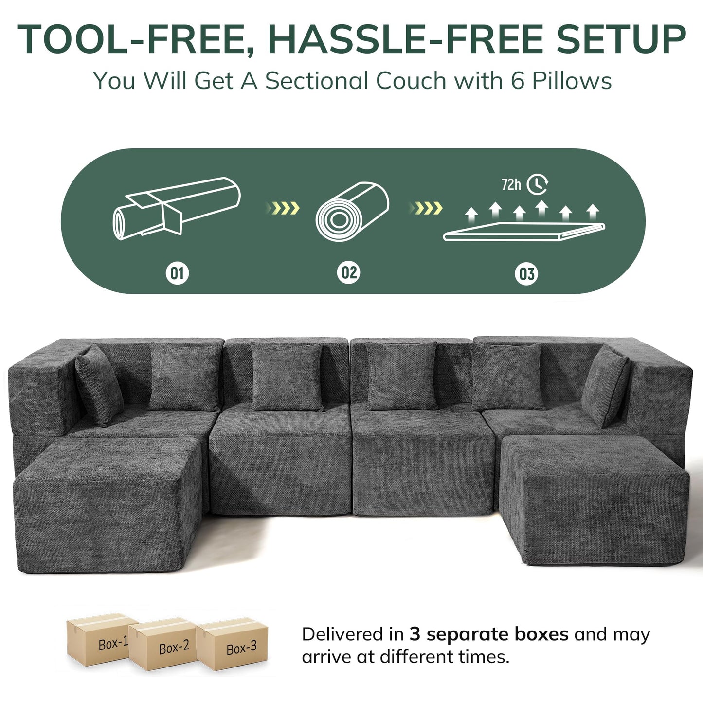 MONVANE Modular Sectional Cloud Couch for Living Room - 130'' 6 Seater Convertible Chenille Couches Set with Ottoman, No Assembly Compression Sofas, Comfy Floor Sofa with Memory Foam, Grey