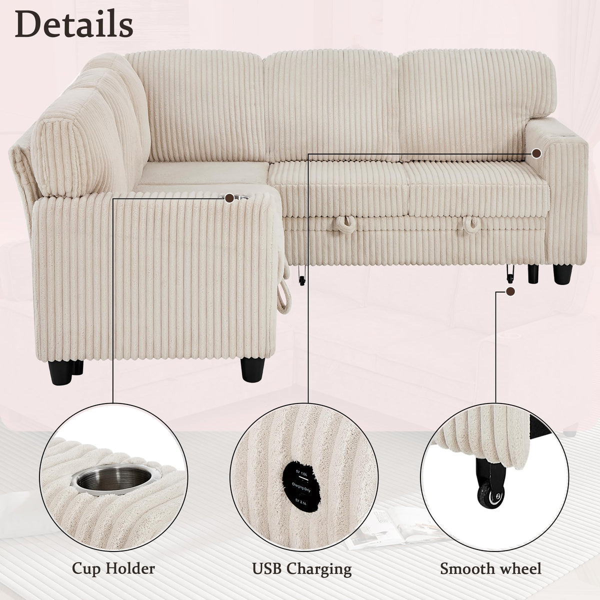 KavlSean 81" Corduroy L Shaped Sectional Sleeper Sofa Pull Out Bed 5-Seater