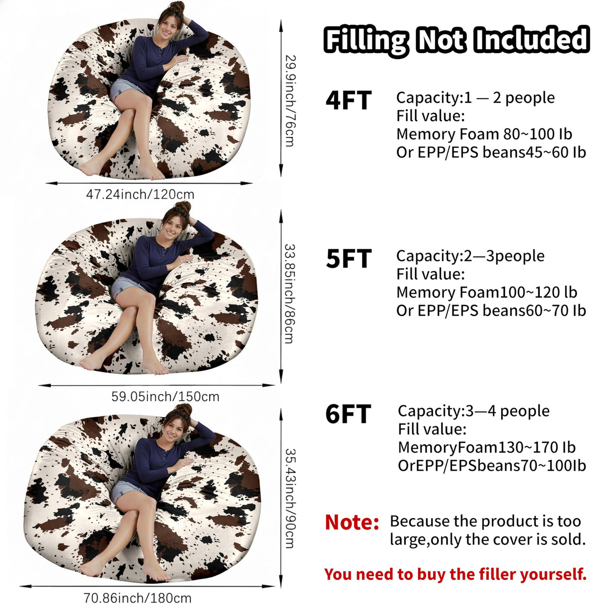 6FT Bean Bag Cover (No Filler), Cow Print Giant Bean Bag Chair Cover