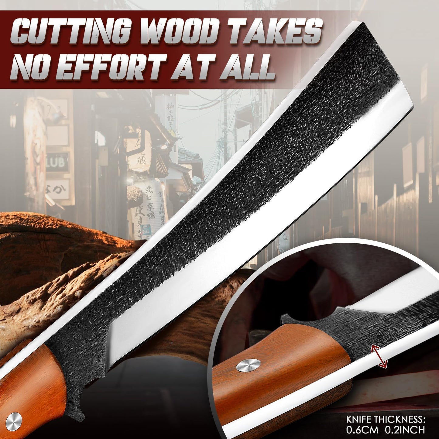 Freelander Japanese Style High Carbon Steel Machete with Red Sandalwood Ergonomic Full Tang Handle and Wood-Leather Sheath, for Camping, Hiking, Yard Work, and Survival, Gifts for Men Women