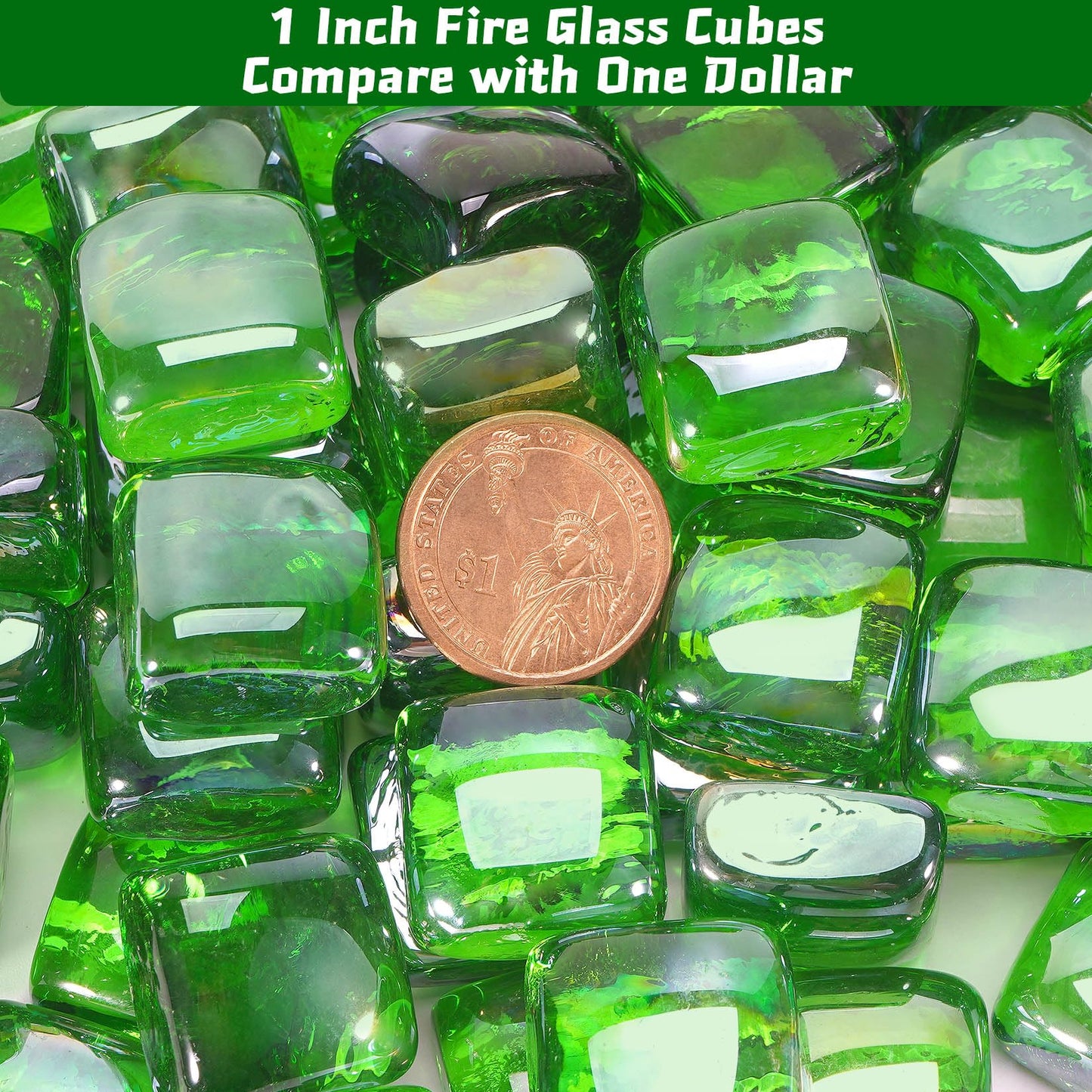 vchin Fire Pit Glass Rocks Square, Fire Glass Cubes, Tempered Beads for Fireplace, Firepit Table Indoor or Outdoor, Replacing Traditional Burning Wood 20 pounds, Green Reflective