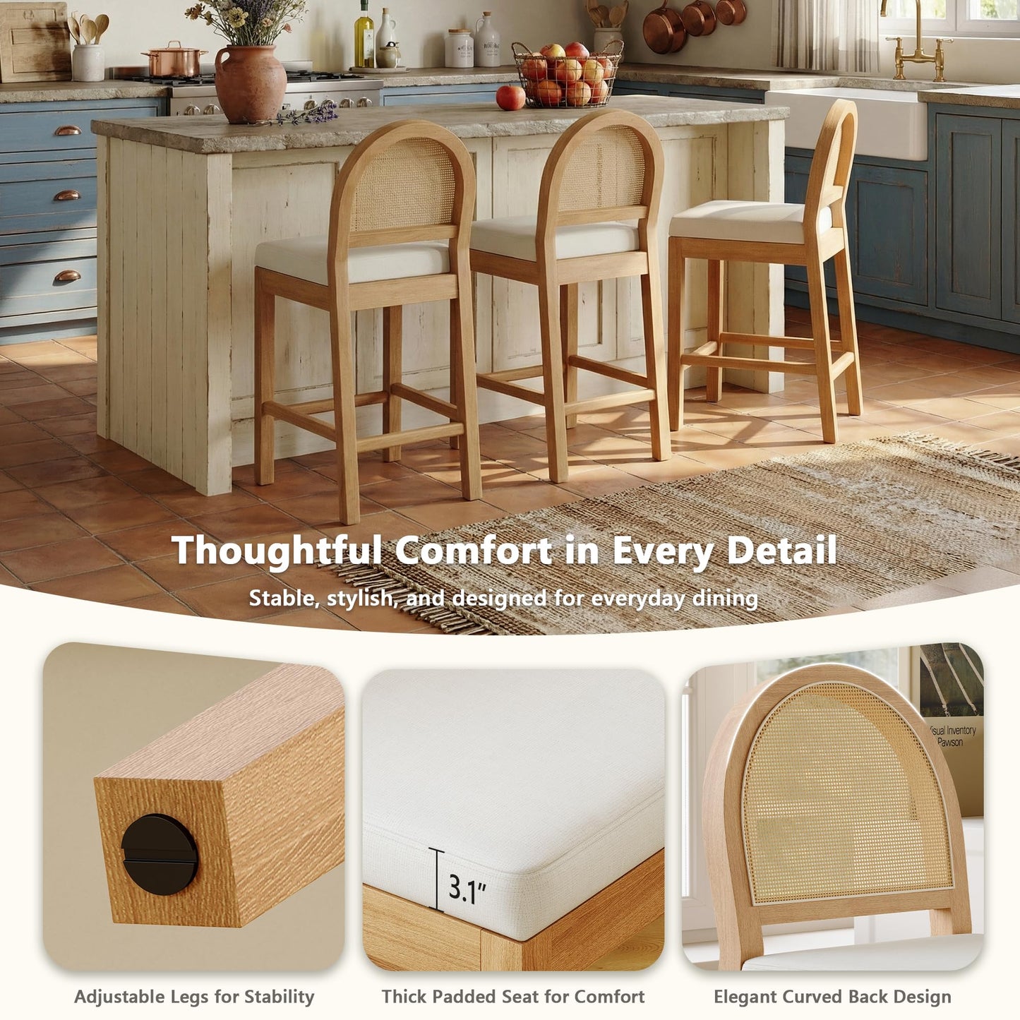 STHOUYN Upholstered Rattan Bar Stools Set of 4, Wooden Counter Height Stools with Natural Rattan Woven Back and Chenille Seat, Mid-Century Modern Island Chairs Barstools for Kitchen (4, Cream White)