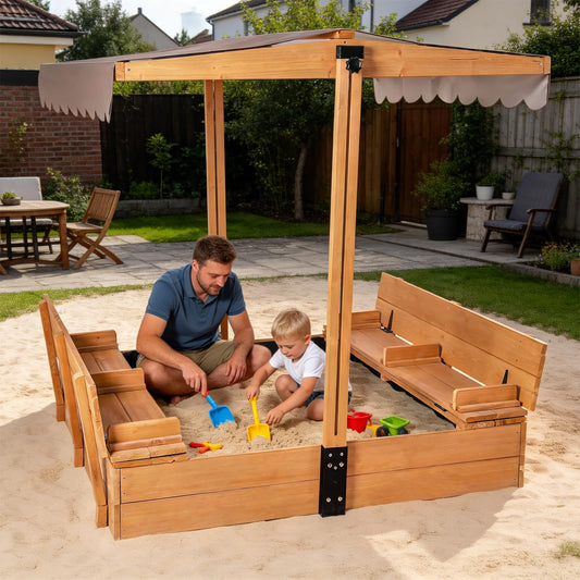 Gutinneen 47" Wooden Sandbox for Kids, Outdoor Sandbox with Adjustable Canopy & Retractable Cover, 2 Foldable Bench Seats with Backrest, UV-Resistant, Solid Wood with Sand Liner for Backyard