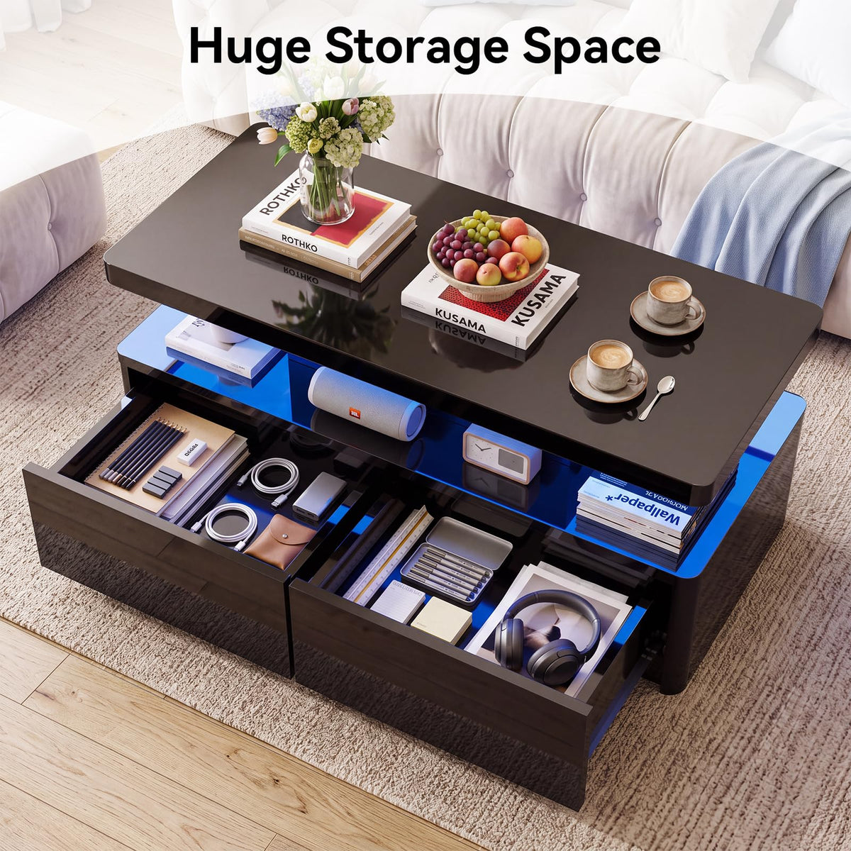 OneBlis 40" LED Coffee Table with 2 Large Drawers, 60,000-Color Lights App Control, Rectangular Center Table, High Glossy Modern Tea Table for Living Room, Black