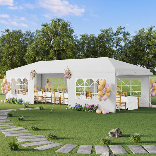 Angel Sar 10'x30' Party Tent with 8 Removable Sidewalls, Waterproof White Outdoor Gazebo for Weddings, Backyard Events, and Markets