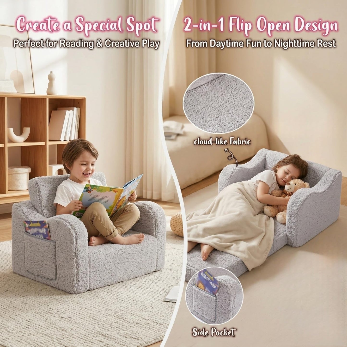 MOMCAYWEX Kids Sofa, 2-in-1 Flip-Out Foam Couch with Soft Sherpa Cover, Cozy Play Lounge Chair, Grey