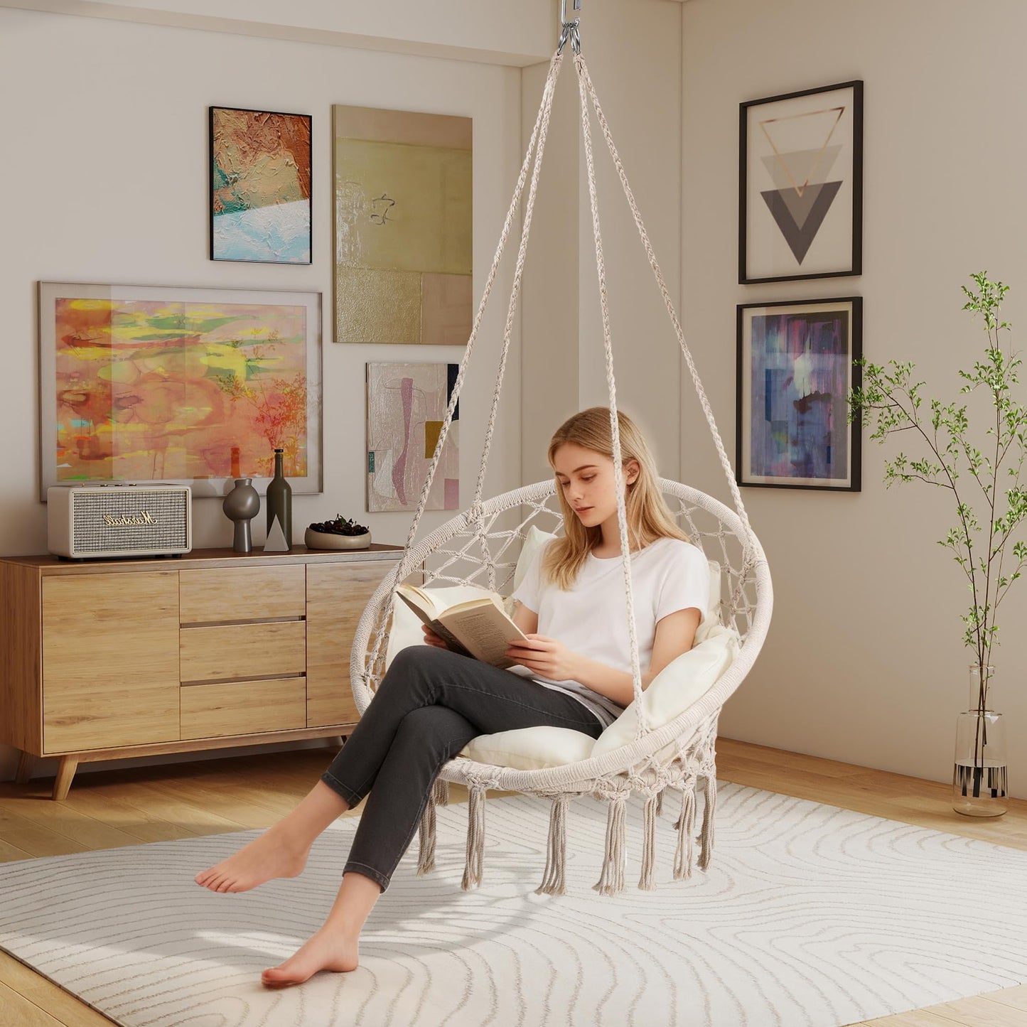 KROFEM Hammock Chair Swing Chair with Boho Medium Cushion, Macrame Hanging Chair for Bedroom, Indoor, Outdoor, Balcony, Porch, Beige