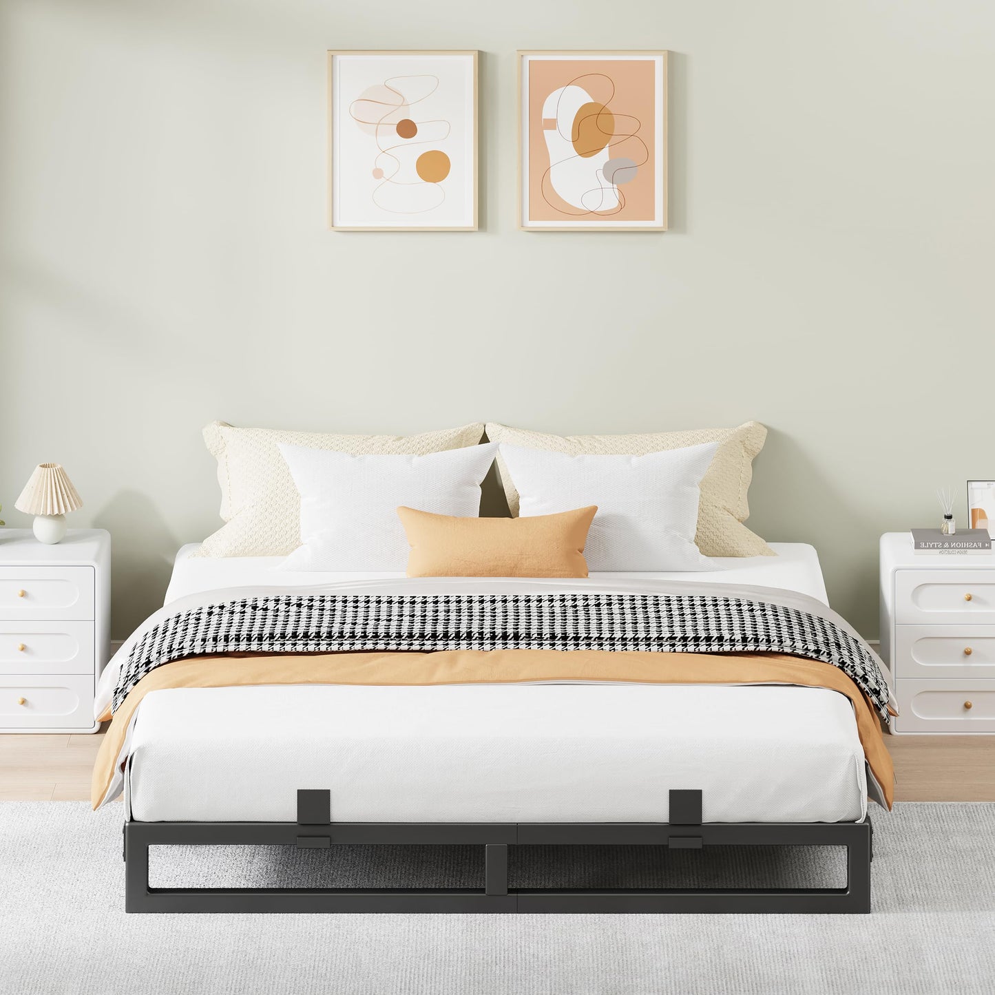 Cresyfu King Size Bed Frame, 6 Inch Metal Platform Bed Frames with Squeak Free U-Slot Design, 6 Non-Slip Guards, 3500lbs Heavy Duty Steel Slat Support, No Box Spring Needed, Under Bed Storage, Black