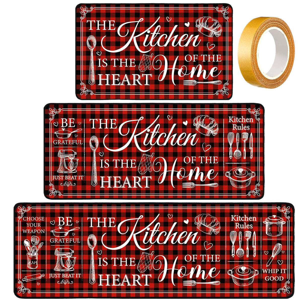 Bencailor 3 Pcs Farmhouse Kitchen Rugs Set Red Non Slip Kitchen Mats
