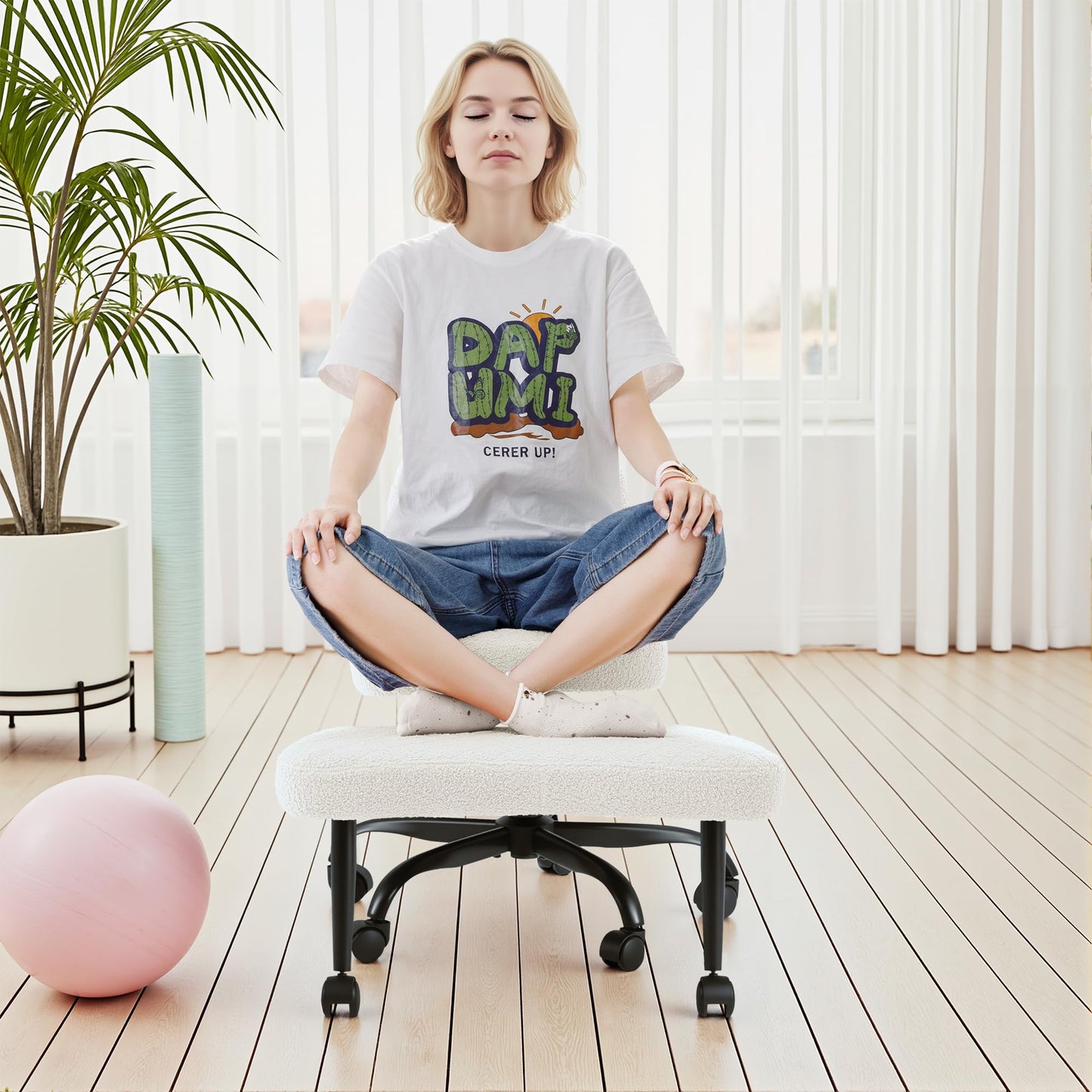 GUNJI Ergonomic Criss Cross Legged Office Chair, 360° Swivel Meditation Kneeling Chair with Wheels, ADHD Chair with Footrest, Lumbar Support, Wider Height Adjustable Seat (White, Teddy Fleece)