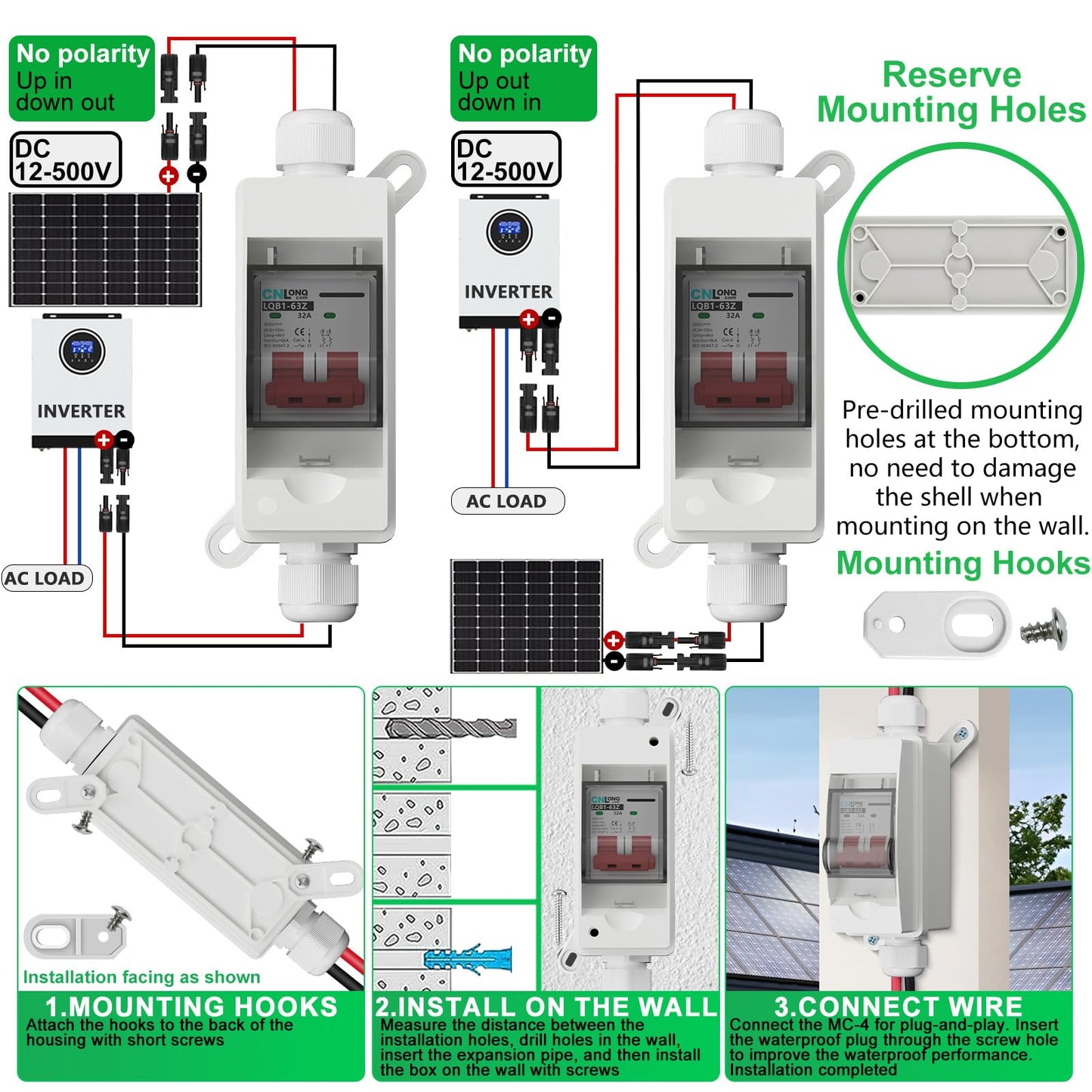 CNLonQcom Solar Panel Disconnect Switch 32 Amp 500V DC Miniature Circuit Breaker with Plug-and-Play Connector and IP65 Waterproof Box for Outdoor PV or AC Stystem, RV and Solar
