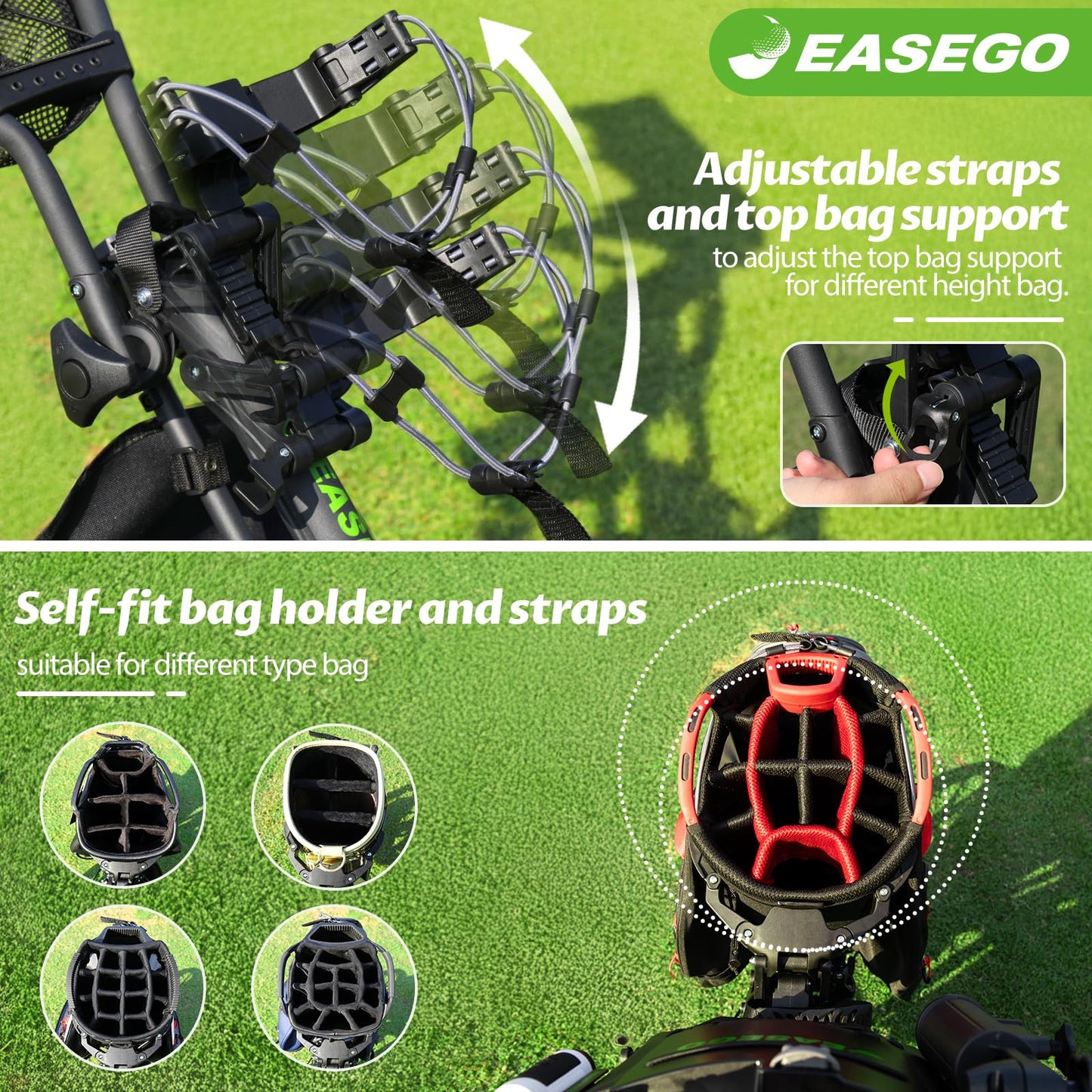 EASEGO Golf Push Cart 3 Wheel : Golf Caddy Pull Cart, One Click Folding Golf Bag Cart Lightweight Compact Golf Trolley with Cooler Bag, Umbrella, Cup & Phone Holder for Different Terrain